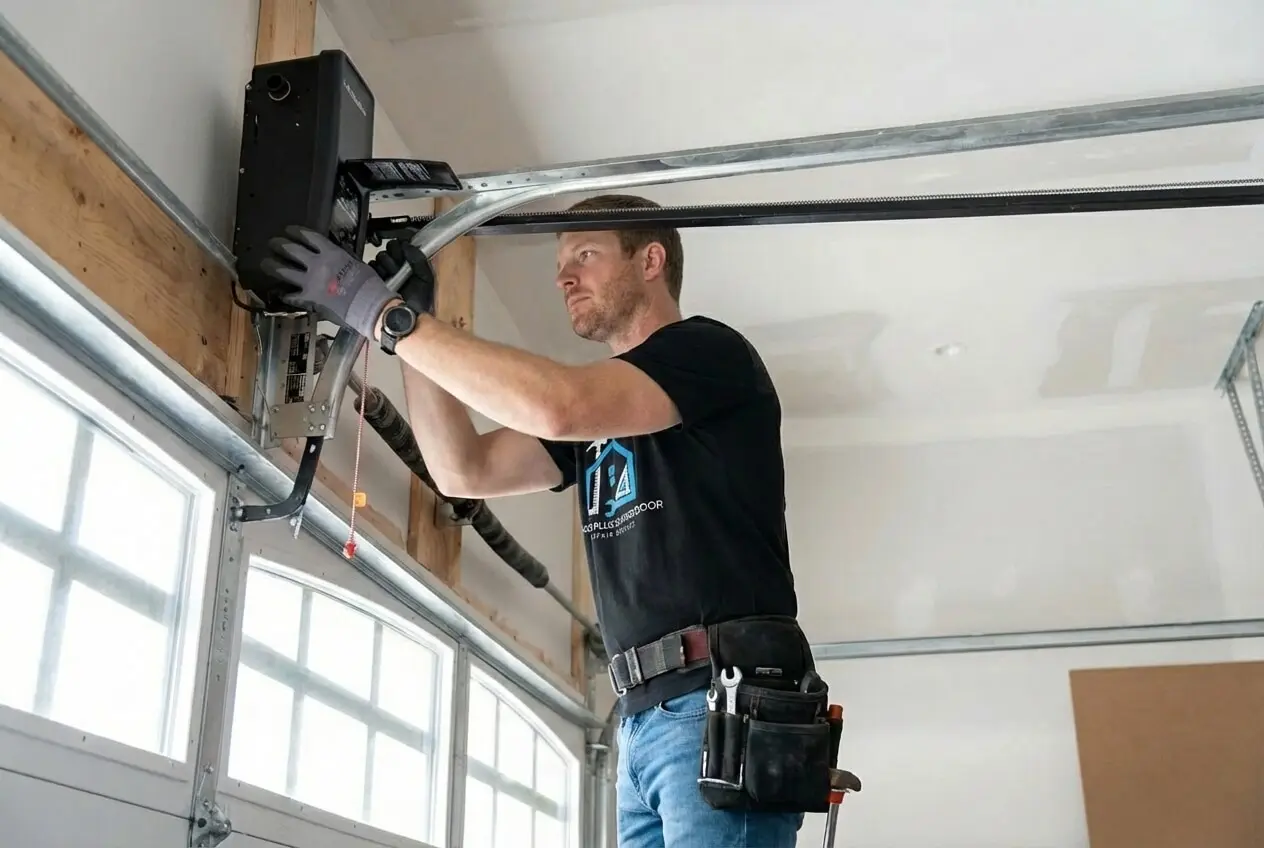 Emergency garage door repair service in progress