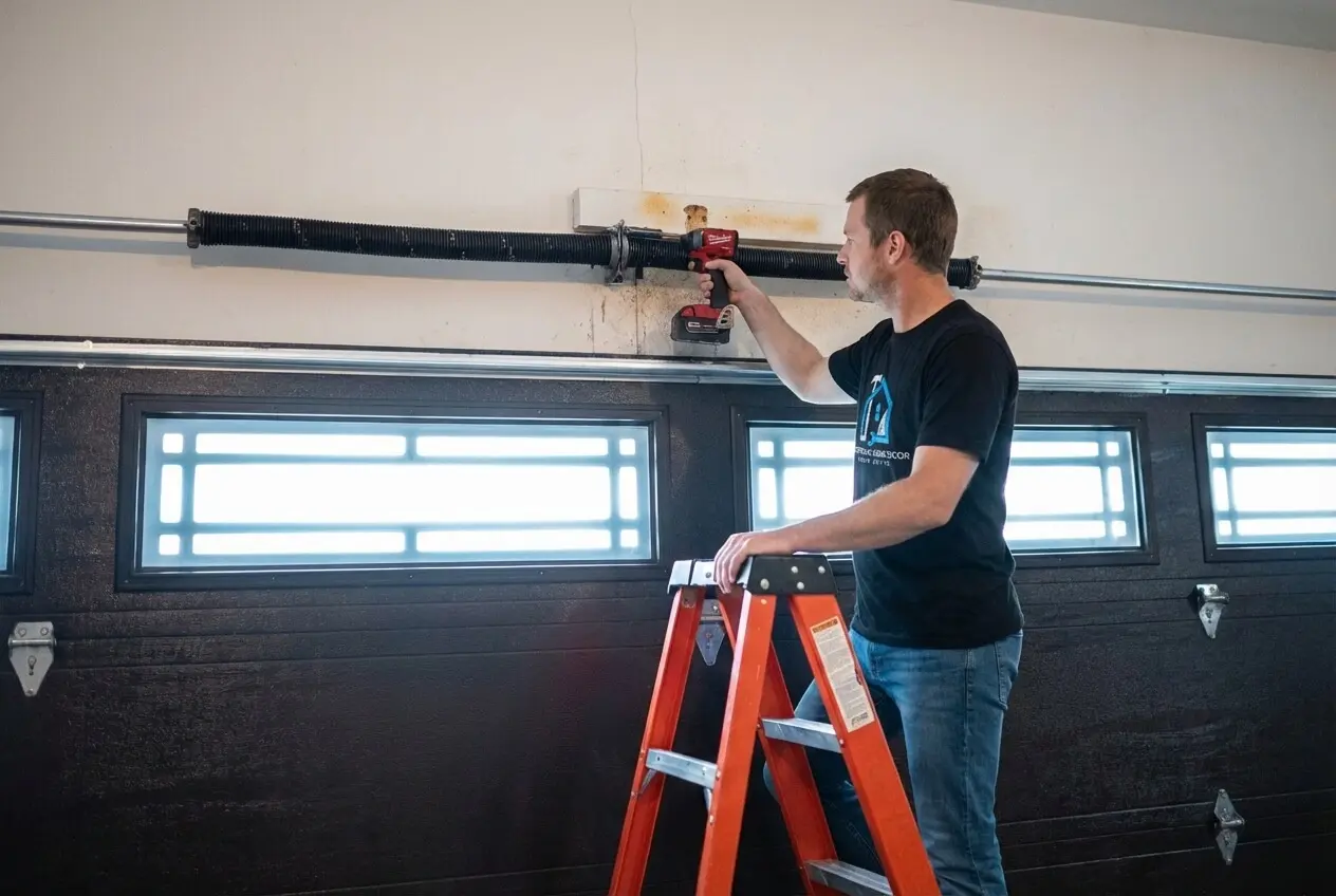 Technician replacing a broken garage door spring