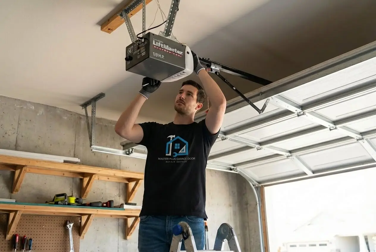 Technician repairing a garage door opener system