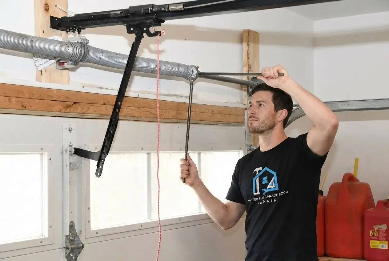 Technician repairing a residential garage door