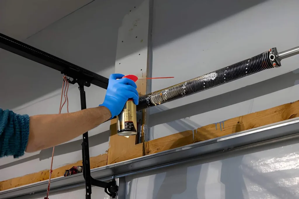 Skilled repairman handling tension springs during Garage Door Maintenance for safety and balance