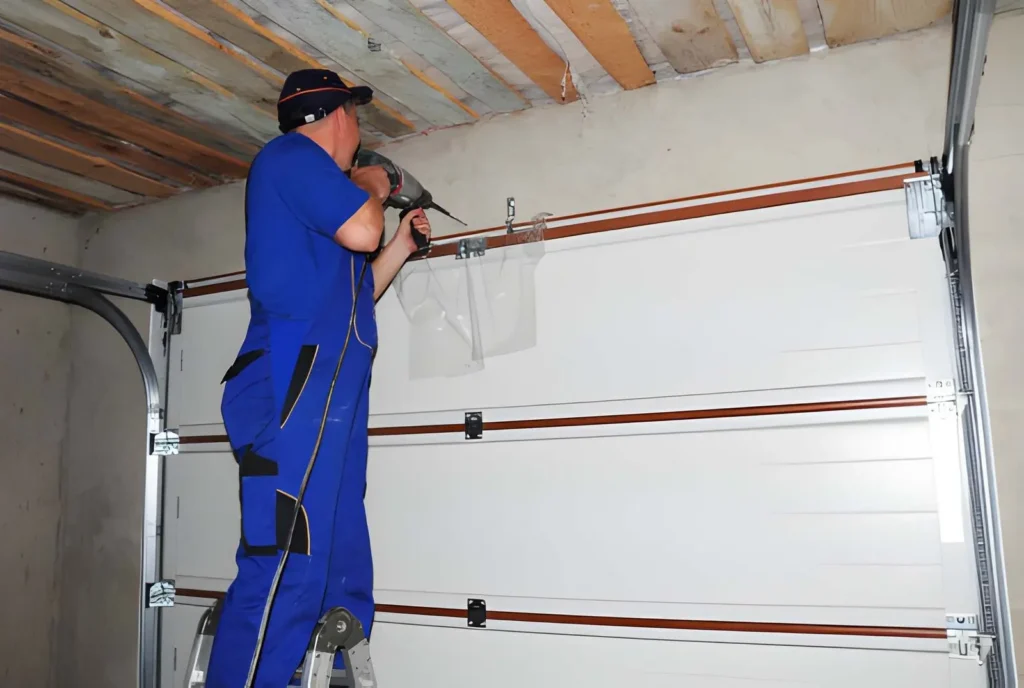 Garage Door Repair in Commerce City opener installation showing technician replacing and testing modern garage door opener system in a suburban home